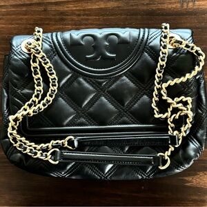 Tory Burch Fleming Black Quilted Leather Crossbody/Shoulder Bag with Gold Chain